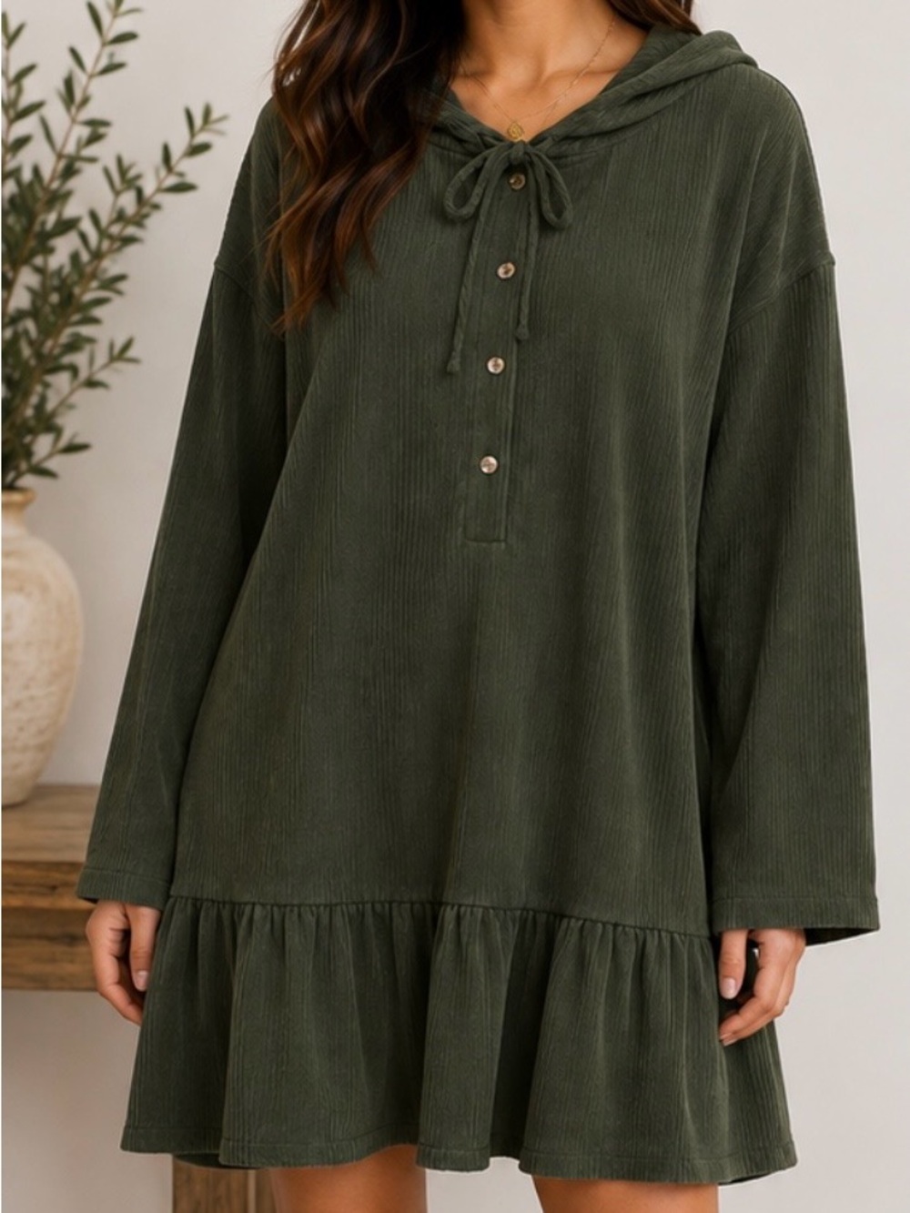 Zara Olive Green Hooded Ruffle-Hem Mini Dress
